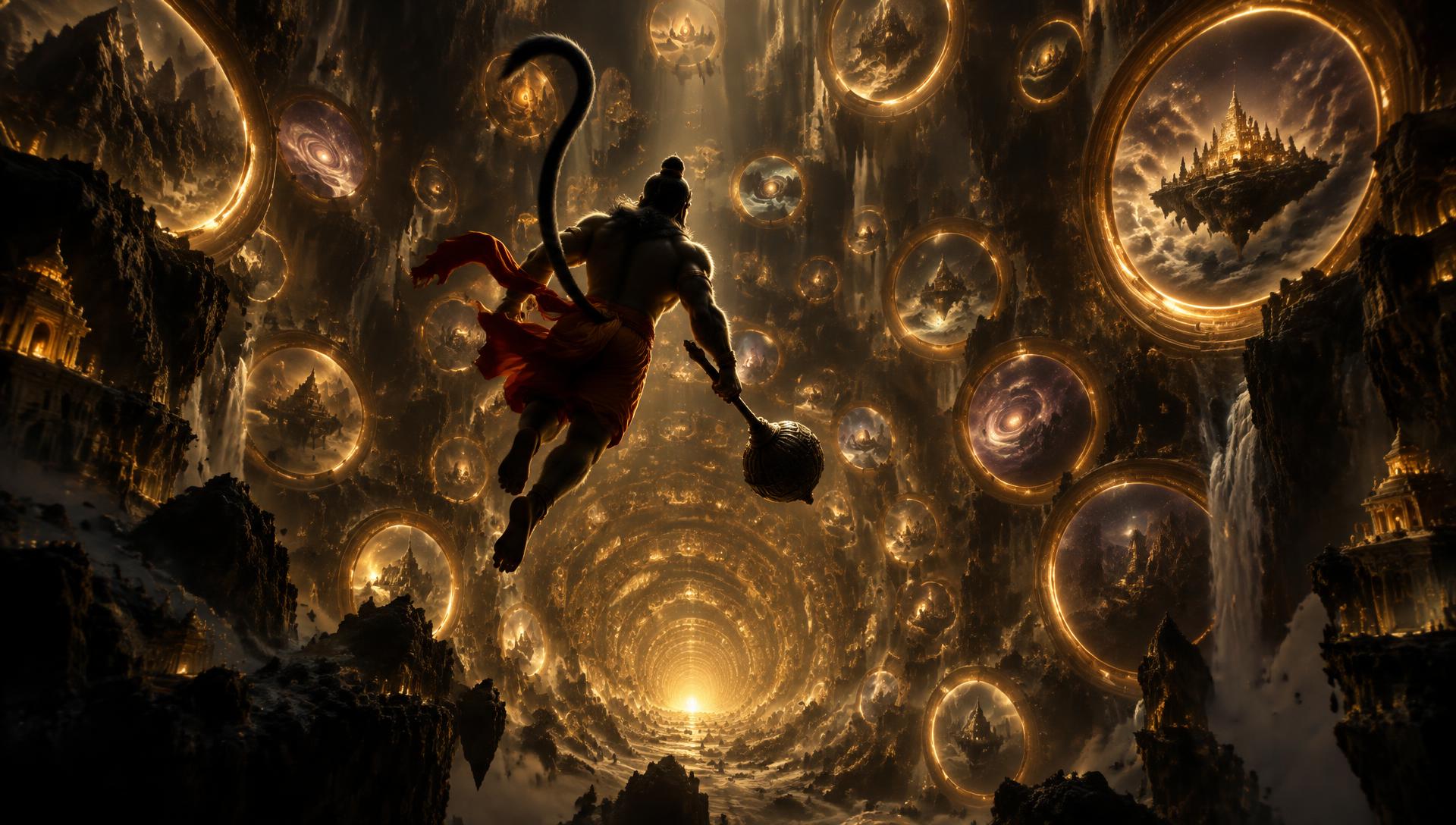 Hanuman descending into a cave of infinite rings